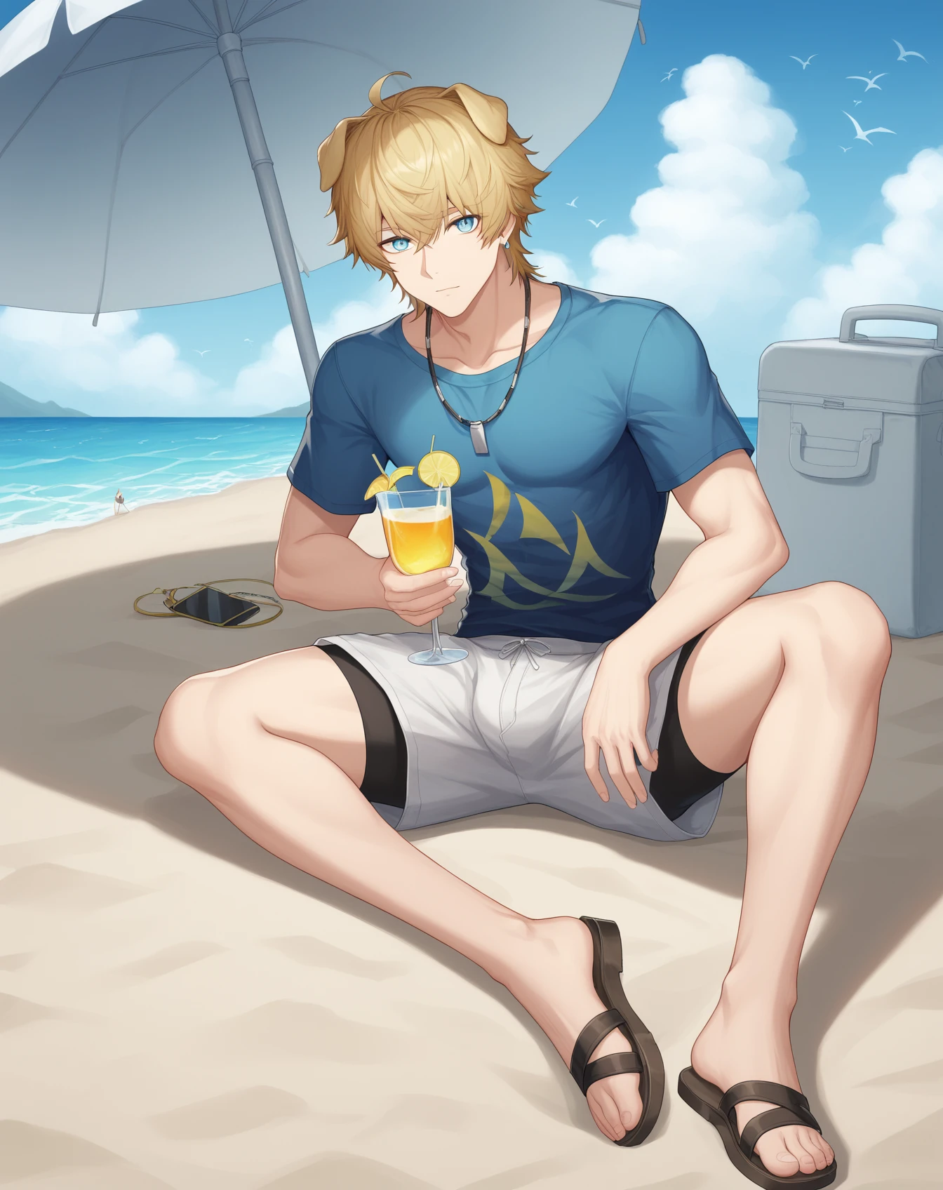 score_9, score_8_up, BREAK, <lora:Tequila_Pony__Arknights:0.8>, tequila_arknights, 1boy, solo, male focus, full body, looking at viewer, shorts, blue shirt, sandals, beach, ocean, sand, blue sky, cloud, bird,  beach umbrella, under umbrella, cocktail umbrella,