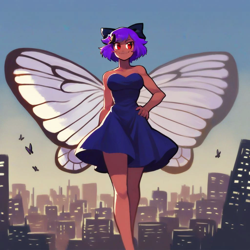 score_9,score_8_up,score_7_up,score_6_up,score_5_up,score_4_up,, solo, butterfree, 1girl, solo, red eyes, butterfly wings, white wings, purple hair, human, personification, smile, fang, hand on hip, outdoors, city, cityscape, hair ornament, hair bow, dress