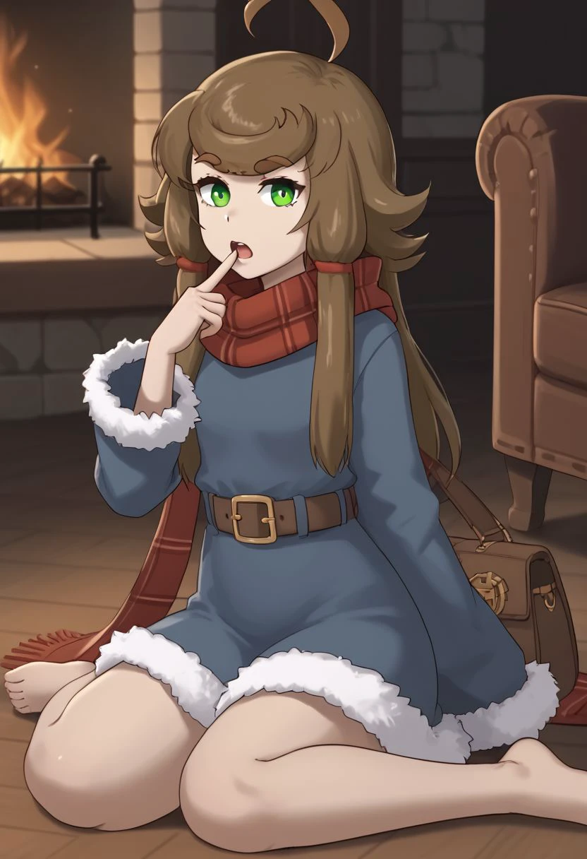 1girl, solo, Blu, brown hair, green eyes, sidelocks, hair ornament, ahoge, huge ahoge, long hair, thick eyebrows, thick eyelashes, fur-trimmed dress, (fur-trimmed sleeves), scarf, bare legs, belt, sitting, armchair, fireplace, indoor, wooden floor, on floor, open bag, head tilt, index finger raised, finger to mouth, open mouth, confused, looking at viewer