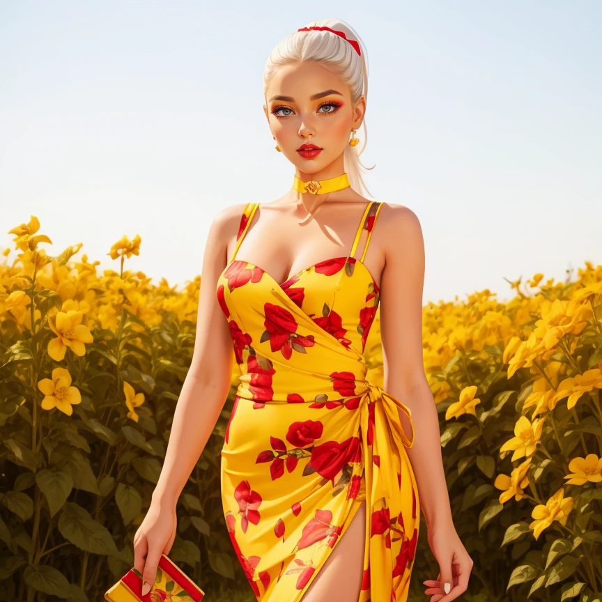 1girl, white Sleek Low Ponytail with a Wrap hair, makeup, lipstick, hud_dk_4, long yellow dress, pencil skirt, floral print, sleeveless, choker, <lora:dollskill3sd1508:0.7>, garden