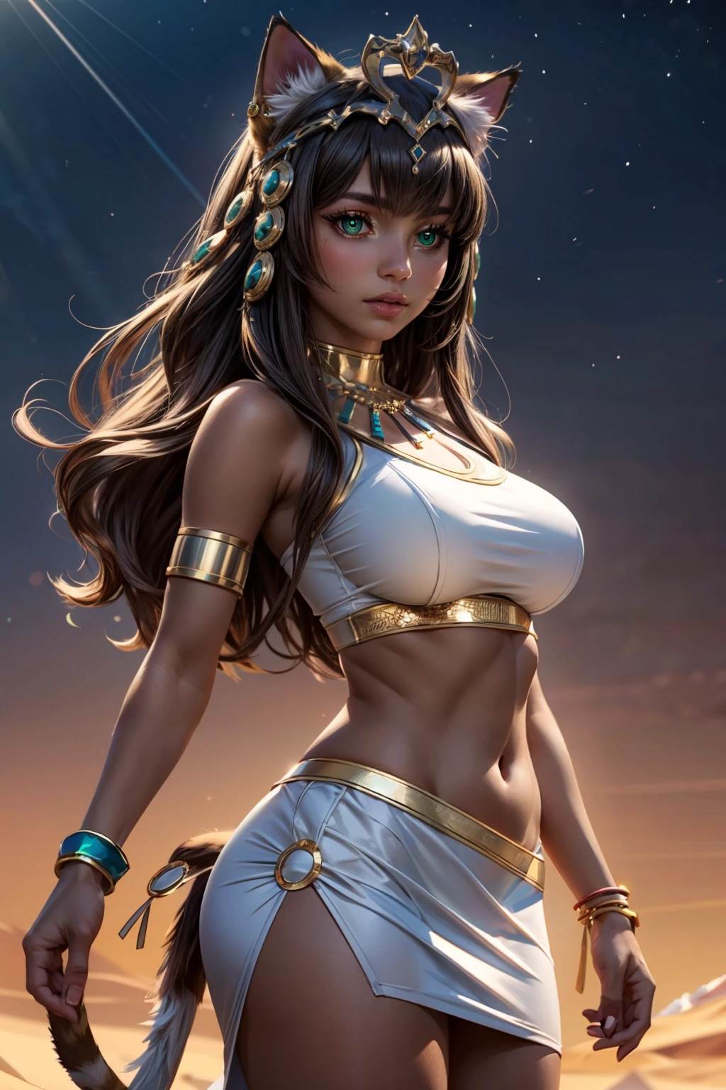 (ultra realistic,32k, masterpiece:1.2),(high detailed skin:1.1),( high quality:1.1), <lora:Bastet_v2:0.7>, zzzBastet, brown hair, green eyes, tiara, big breasts,   white skirt, white crop top, medium breasts, ankle lace-up, cat ears, dark skin, jewelry, midriff, very long hair, cat tail, very wide hips, narrow waist,   BREAK,  desert,  blooming stars, luminescent petals, otherworldly fragrance blurry background, (looking at viewer, standing:1.1), huge breast, large breast, <lora:add_detail:0.92>, (glowwave:1.1),