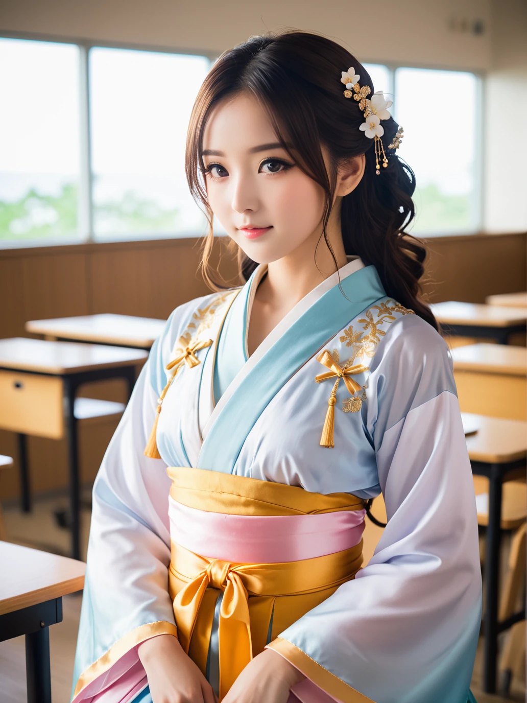 absurdres,incredibly absurdres,cinematic_angle,Cinematic Lighting,golden moment sea backlight,anatomically correct,classroom,RAW photography,professional grade,(Charming Face:1.4),(sutocking beautiful,cure lovely,shy,implicit,perseverance),cute & girly \(idolmaster\),hanfu,