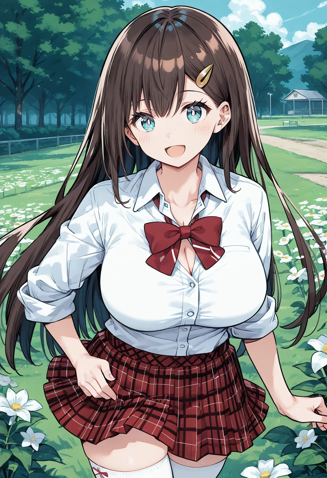 school girl running in an forest , waistband of skirt is at the point above chest ,skirt dark red , plaid skirt , pleated skirt , Tight shirt , white Shirt , school girl , skirt under breasts , skirt is near breasts area , red knot , red bow , skirt is adjacent to the chest , rain