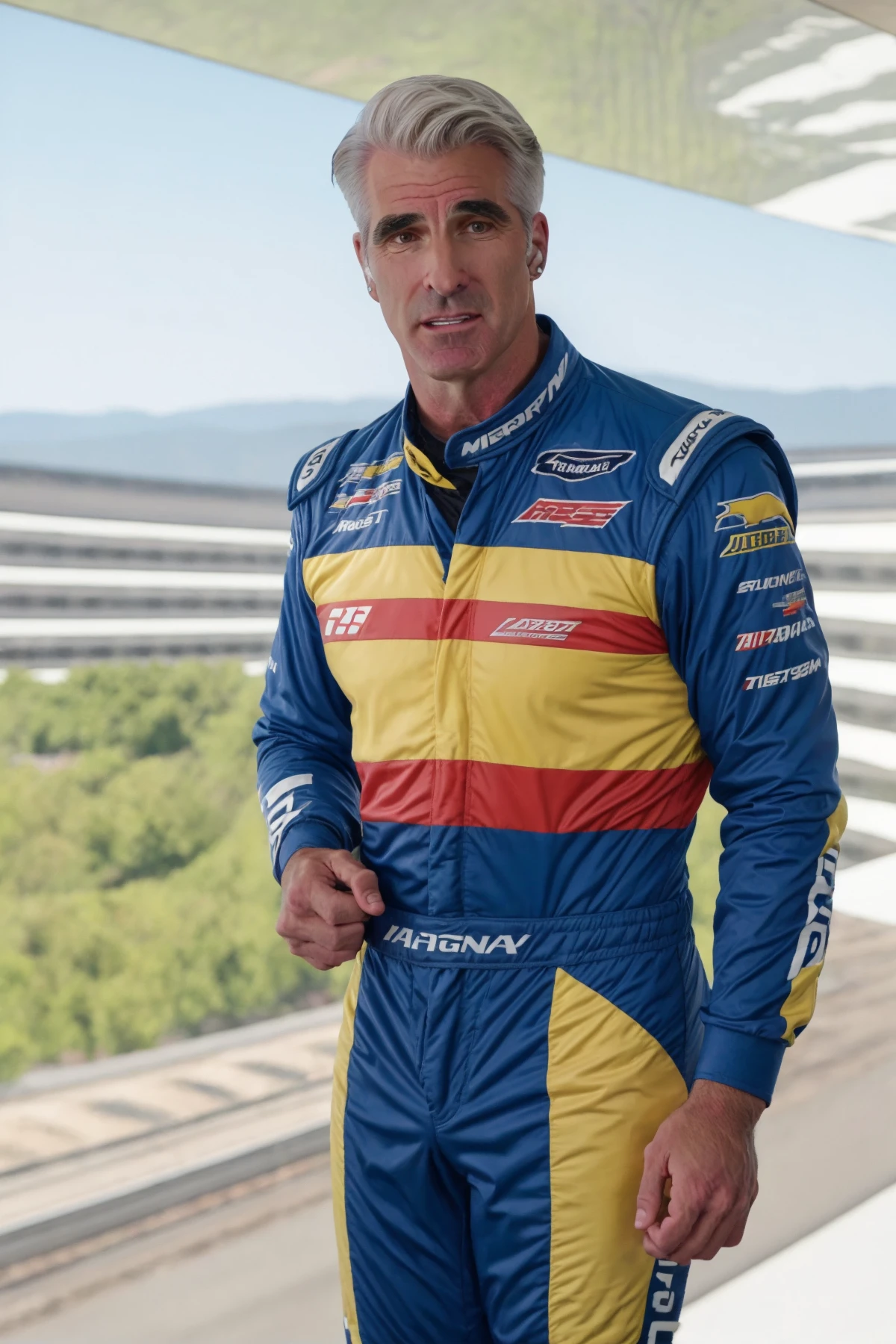 <lora:Craig_Federighi_Lora:0.9>, craig federighi, wearing racing suit, nascar track background, portrait