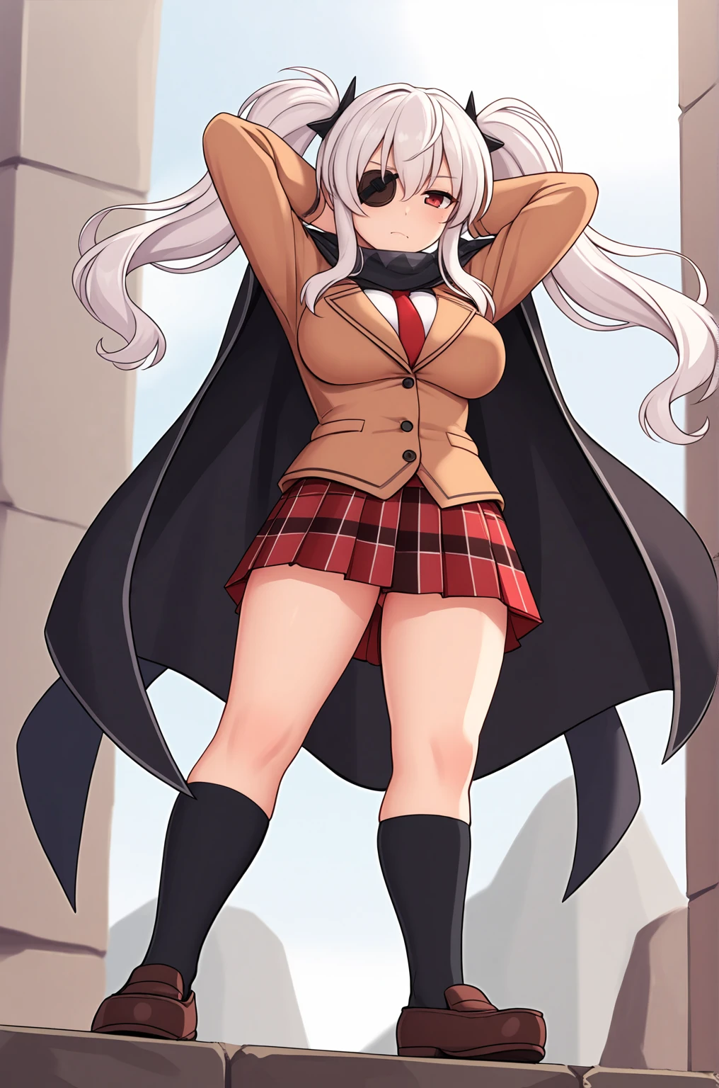 anime artwork, score_9, score_8_up, score_7_up, source_anime, BREAK, thick outline, fat outline,
Yagyu XL, red eye, eyepatch, white hair, long hair, twintails, shuriken hair clips, black hair clips, large breasts, BREAK, Yagyu_shinobi, brown jacket, white shirt, red necktie, black cape, scarf with triangular patterns, plaid pleated skirt, black kneehighs, brown loafers, BREAK, outdoors, from below, hands behind head,
<lora:Yagyu_XL:0.7>
<lora:PersonalAmi_PonyXL:1>