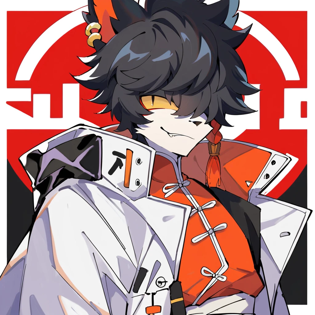 score_9, anime, detailed background, laboratory, soft lighting, 1boy, solo anthro male aakarknights, black hair, bangs, hair over one eye, earrings, orange single braid, yellow sclera, slit pupils, black pants, white coat, white sash. chinese clothes, orange vest, looking at viewer, smug, hands behind back<lora:EMS-405490-EMS:0.800000>