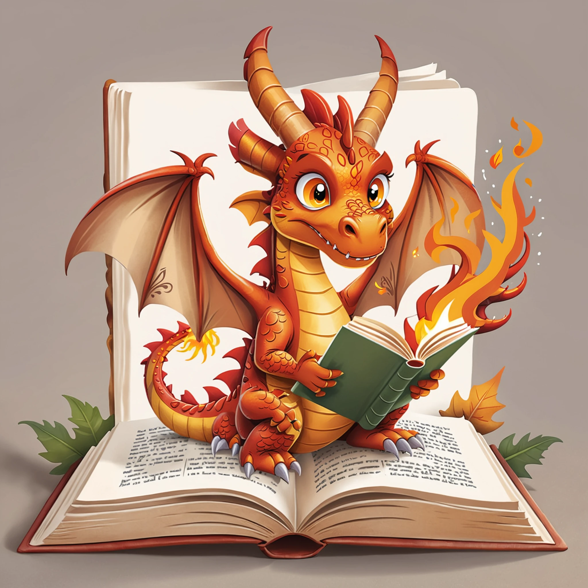 FRESHIDEAS A cartoon dragon who practices spells book bookmark breathing fire claws fire flame full body grey background holding holding book horns leaf no humans open book paper plant potted plant reading sitting solo vines wings,