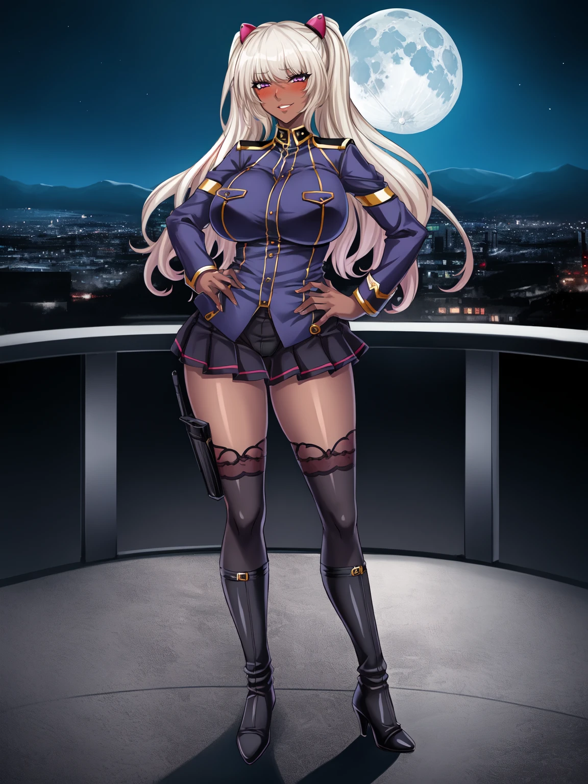 masterpiece, high quality,
kila kushan is standing, hands on own hip, full body, (legs apart:1.2), fingers,
1girl, dark-skinned female, solo,
looking at viewer, blush, parted lips, happy,
twintails, long hair, purple eyes, thick lips, smirk, white lips,
military uniform, pleated skirt, lace-trimmed thighhighs, high heel boots, thigh holster, black panties,
curvy, large breasts,
outdoors, night, city, on rooftop, moon,
<lora:Kila Kushan SD15anime:0.8>