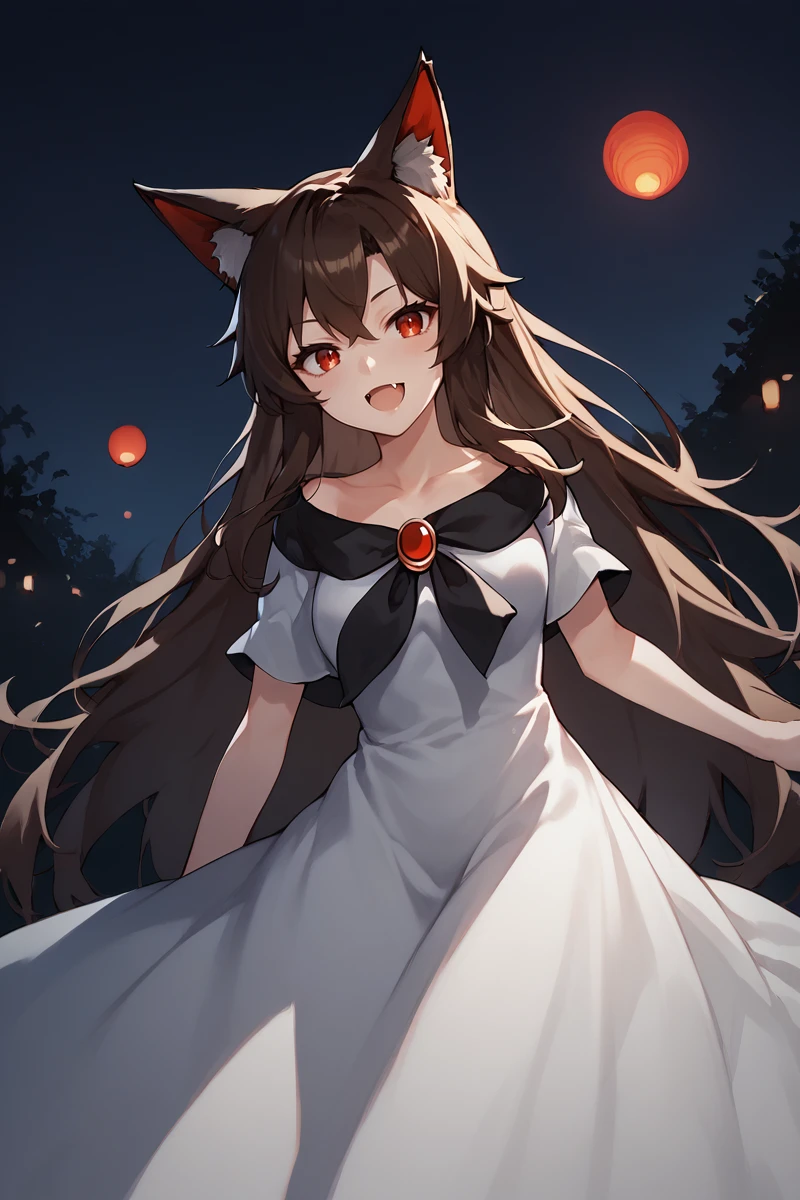 score_9, score_8_up, score_8, score_9, 1 girl,  source_anime, <lora:kagerou_pony-10:1> brown hair, long hair, wolf ears, animal ears, dress, white dress, fang,  red eyes, imaizumi kagerou,  <lora:Smooth Anime Night Style SDXL_LoRA_Pony Diffusion V6 XL:0.8> dark theme, low light, night, shadow