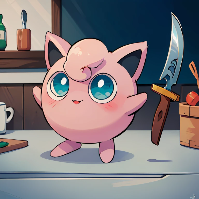 ((masterpiece,best quality)), absurdres, <lora:Jigglypuff:0.8>, Jigglypuff, no humans, solo, creatures (company), game freak, gen 1 pokemon, jigglypuff, kagura una, holding kitchen knife, nintendo, no humans, pokemon, pokemon (creature), solo,  weapon,