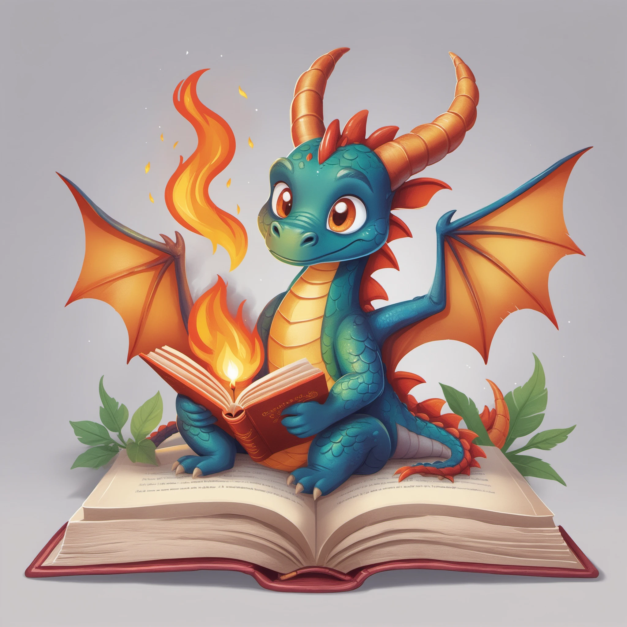 FRESHIDEAS A cartoon dragon who practices spells book bookmark breathing fire claws fire flame full body grey background holding holding book horns leaf no humans open book paper plant potted plant reading sitting solo vines wings,