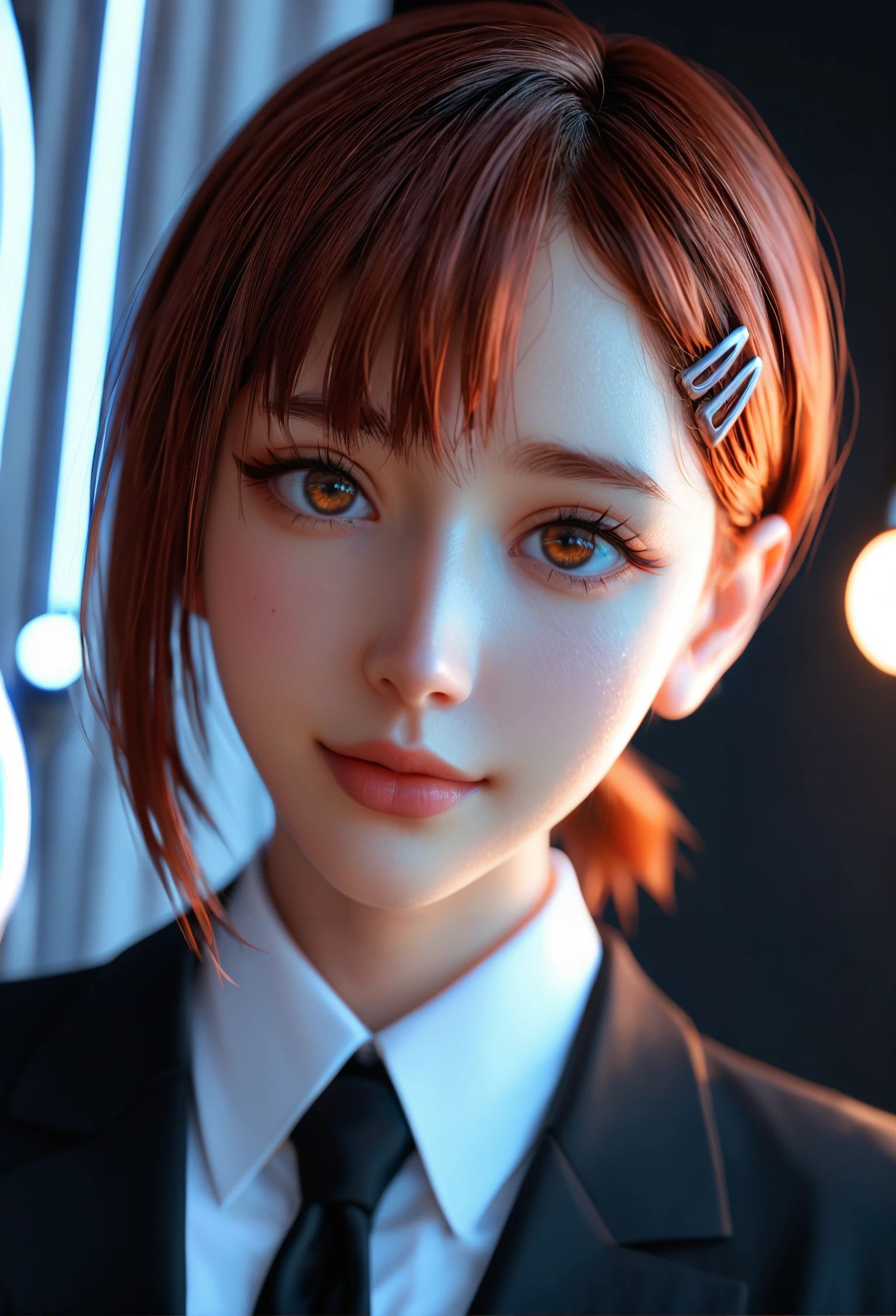 score_9, score_8_up, score_7_up, A cute girl realistic, Kobeni Higashiyama from chainsaw man,brown short ponytail with bangs/a shoulder-length hair strand hanging on the right side, two red hair clips on the left side ,brown eyes , moles on her face; two under her left eye, one on the lower right side of her mouth and one on her left cheek, anguish,wearing black suit white shirt tie and slacks,dutch angle,close up,half body shot,black background,3DCG,3D rendering,realistic,white lighting,transparent hair,blender, cinematic lighting,soft light,white rim light,high detail,hyper quality,beautiful studio lighting,unreal engine,super detailed, perfect shading,unreal engine,super detailed, 32K,8k