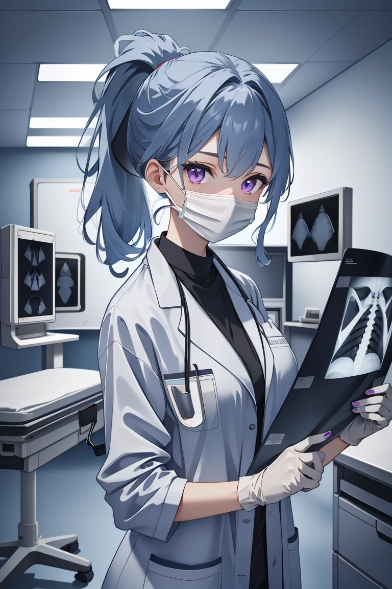 (RAW photo, best quality,facing the viewer,from front), operating room, overhead surgical light,blurred background, focused, dithering,backlighting,
 <lora:CM_Doctor_Checking_Xray_V2.0-000004:0.9> doctor xray, 1girl, solo, surgical mask, doctor, looking at viewer, labcoat,xray,
 <lora:Valerie Kato:0.7> valerie kato, ocg:0002, 1girl, blue hair, bangs, purple eyes, nail polish, red nails, folded ponytail, large breasts,