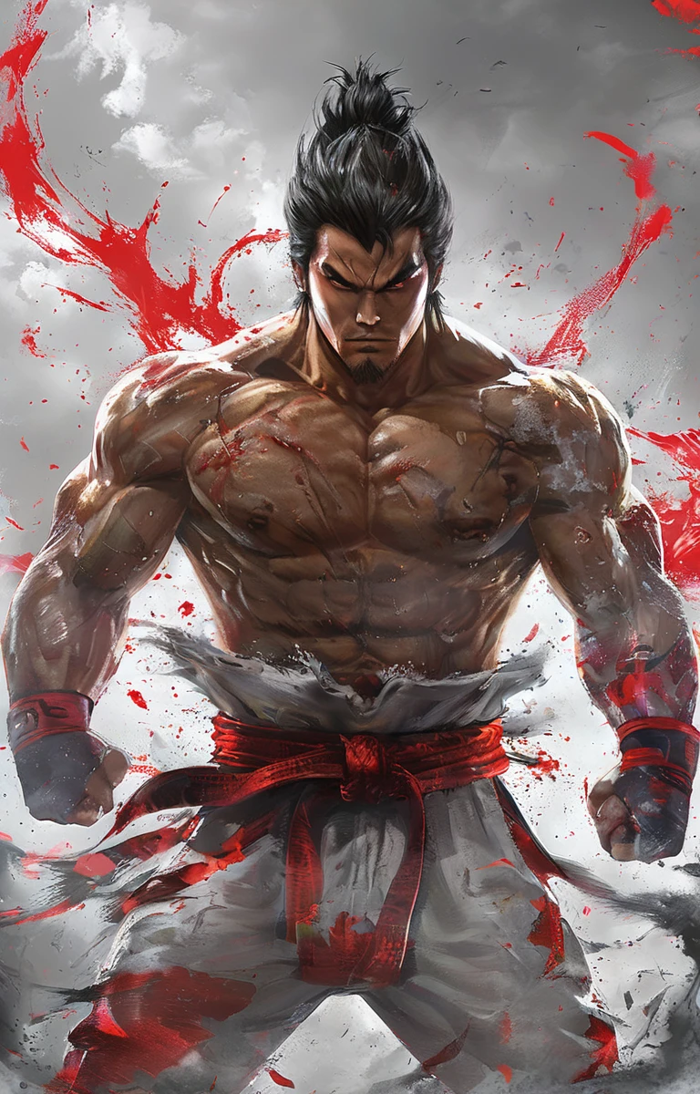 Ryu, the iconic Street Fighter character, engages in fierce battle at the heart of war. His body is dynamically rendered with intricate anime detailing, adorned with glowing golden runes that pulsate with a black and blue aura, radiating powerful energy. The CarnageStyle modification intensifies the image with bold, expressive brushstrokes, resulting in a vivid, blood-red canvas. Plumes of jet-black smoke billow from his body as the epic action pose showcases his muscular form and determination. With the lighting adding a cinematic flair, this dynamic image captures the raw intensity of Ryu's unyielding spirit during the height of battle.