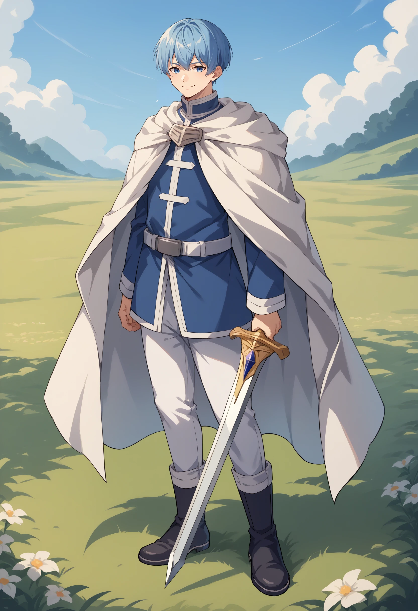 score_9, score_8_up, source_anime, 1boy, solo, HimmelFrieren, blue hair, short hair, blue eyes, white cloak, uniform, blue jacket, white belt, white pants, black boots, full body, planted sword, holding sword, outdoors, field, smile, <lora:ChamHimmelPonyXL:1>