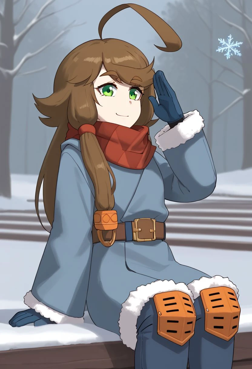 1girl, solo, Blu, brown hair, green eyes, sidelocks, hair ornament, ahoge, huge ahoge, long hair, thick eyebrows, thick eyelashes, fur-trimmed dress, (fur-trimmed sleeves), scarf, blue gloves, belt, knee pads, blue footwear, snow, snowflakes, close-up, looking at viewer, salute, smile, closed mouth