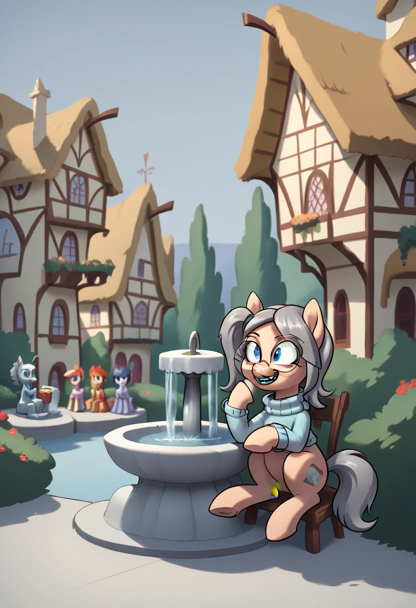 score_9, score_8_up, score_8,     <lora:Taku_MLP_OC_for_PonyXL:0.7> 1girl, glasses, t4ku, mare, blue eyes, braces, round eyewear, grey hair, turtleneck, sitting next to fountain, ponyville,