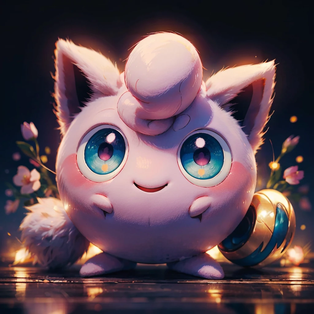 (ultra realistic,32k, masterpiece:1.2),(high detailed eyes:1.1),( high quality:1.1), <lora:Jigglypuff:0.8>,   Jigglypuff, no humans, solo, creatures (company), full body, game freak, gen 1 pokemon, gradient background, nintendo, no humans, pink hair, pokemon, pokemon (creature), pokemon rgby, simple background, smile, solo, white background soft pink fur,  BREAK,  blooming stars, luminescent petals, otherworldly fragrance blurry background,