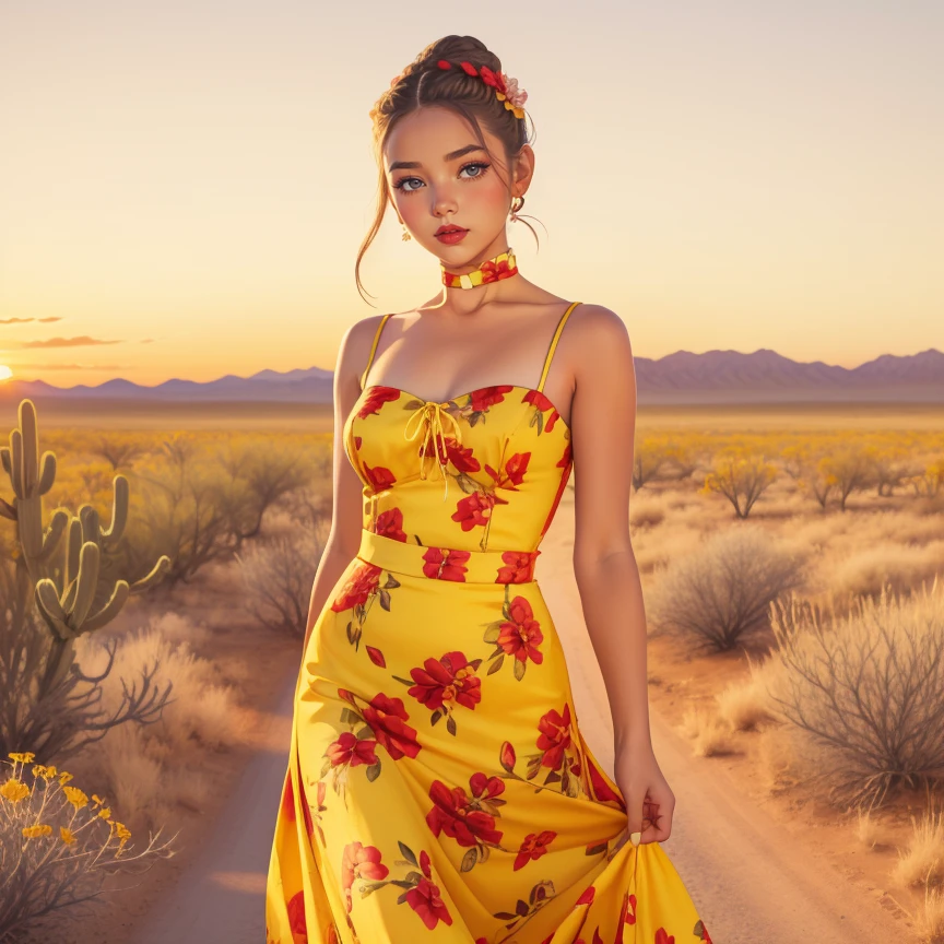 1girl, solo, white Braided Low Bun with Delicate Flowers hair, makeup, lipstick, hud_dk_4, long yellow dress, pencil skirt, floral print, sleeveless, choker, <lora:dollskill3sd1508:0.6>, road, desert, sunset, shadow on face