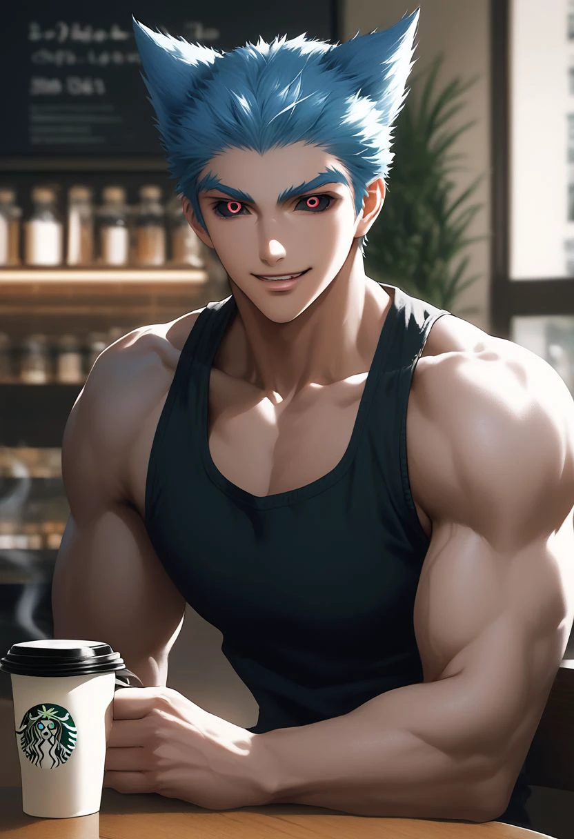 score_9, score_8_up, score_7_up, source_anime, rating_safe, coffee table, 1cup, Tatsumishiki, 1boy, male focus, black colored sclera, red eyes, tank top, biceps, sitting behind table, indoor blurry coffee shop, realistic lighting, incorrect perspective, dynamic composition, finely detailed face, happy