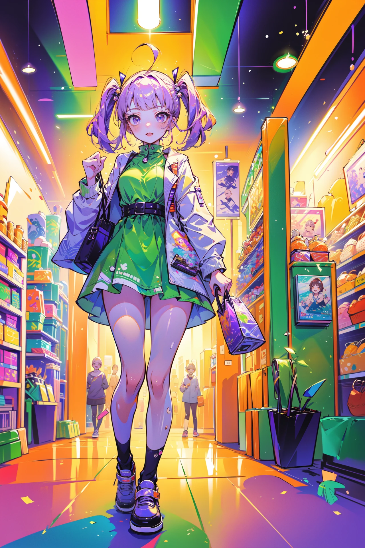 ((best quality, masterpiece, absurbres, super-resolution)) 1girl, on the go, shopping, mall, stores, orange, green, purple, <lora:SECONDARY-CORE:1>