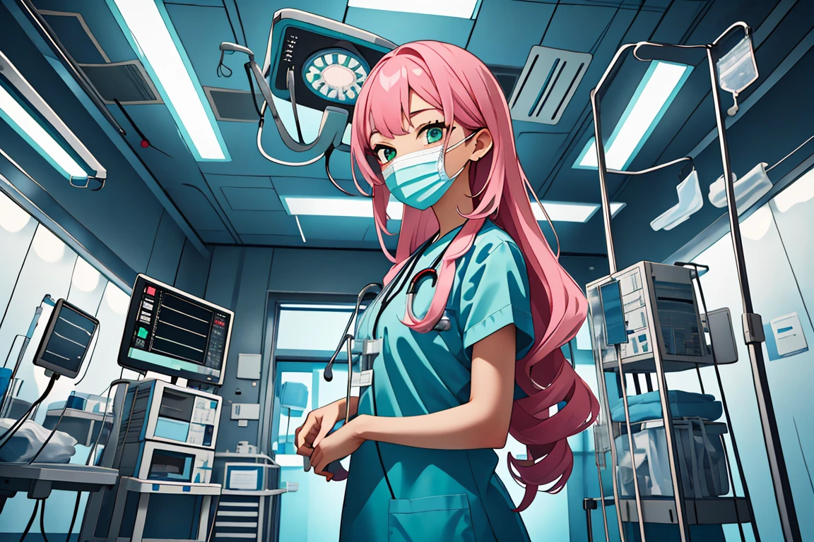 (RAW photo, best quality,facing the viewer,from front), operating room, overhead surgical light,blurred background, focused, dithering,backlighting,
 <lora:CM_Doctor_Emergency_Surgery_V2.0-000004:0.9> doctor emergency exam, 1girl, solo, surgical mask, intravenous drip, hospital bed, stethoscope, ceiling light, 
<lora:Momoka Hanamura_CSC_V1.0:0.7> momoka hanamura, long hair, tsurime, pink hair, green eyes,