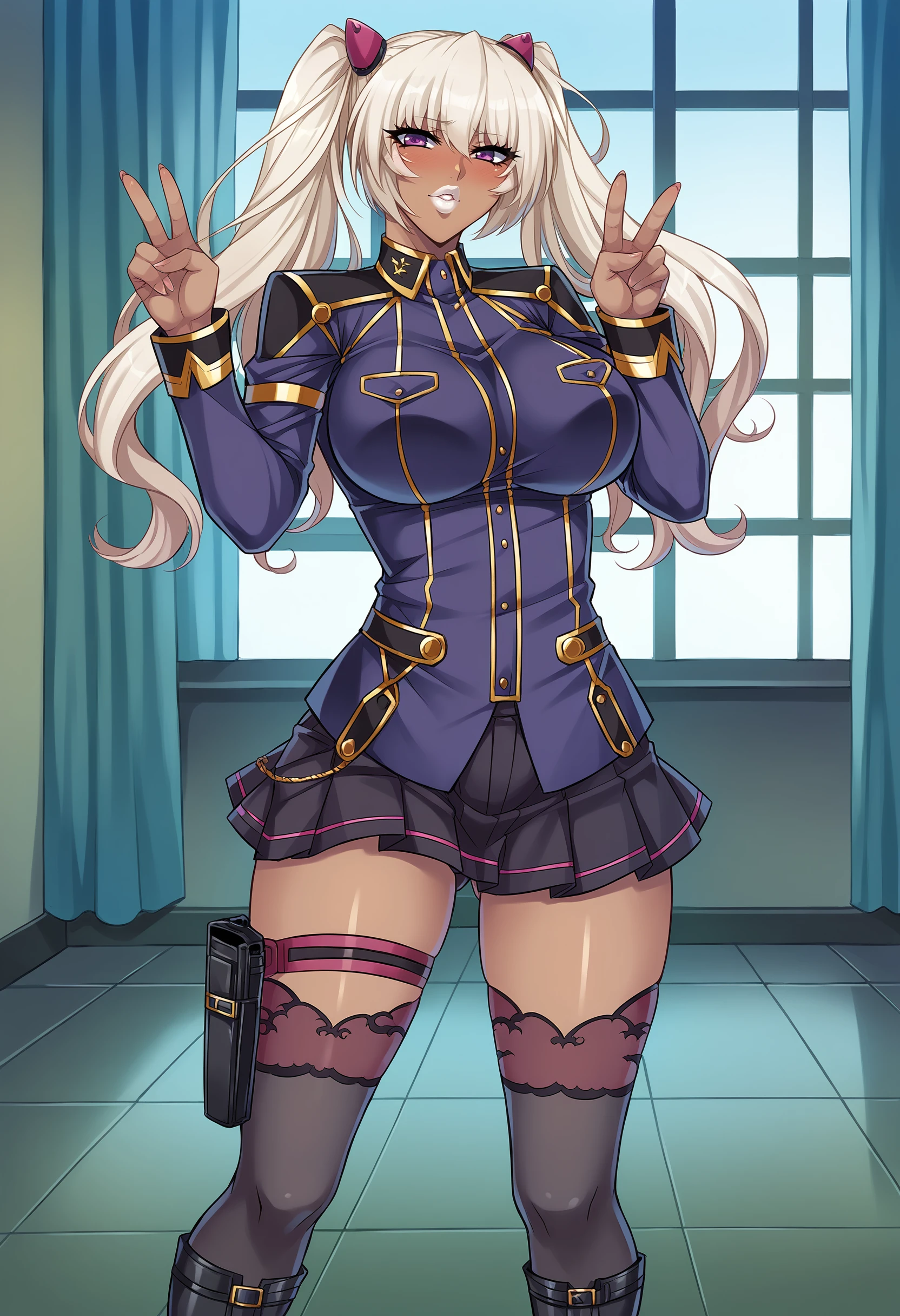 score_9, score_8_up, score_7_up, score_6_up, uncensored, BREAK,
kila kushan is standing, showing V sign,
1girl, dark-skinned female, solo,
looking at viewer, blush, parted lips,
twintails, long hair, purple eyes, thick lips, white lips,
military uniform, pleated skirt, lace-trimmed thighhighs, high heel boots, thigh holster,
curvy, large breasts,
indoors, luxury room, window,
<lora:Kila Kushan3216PDXL:1>