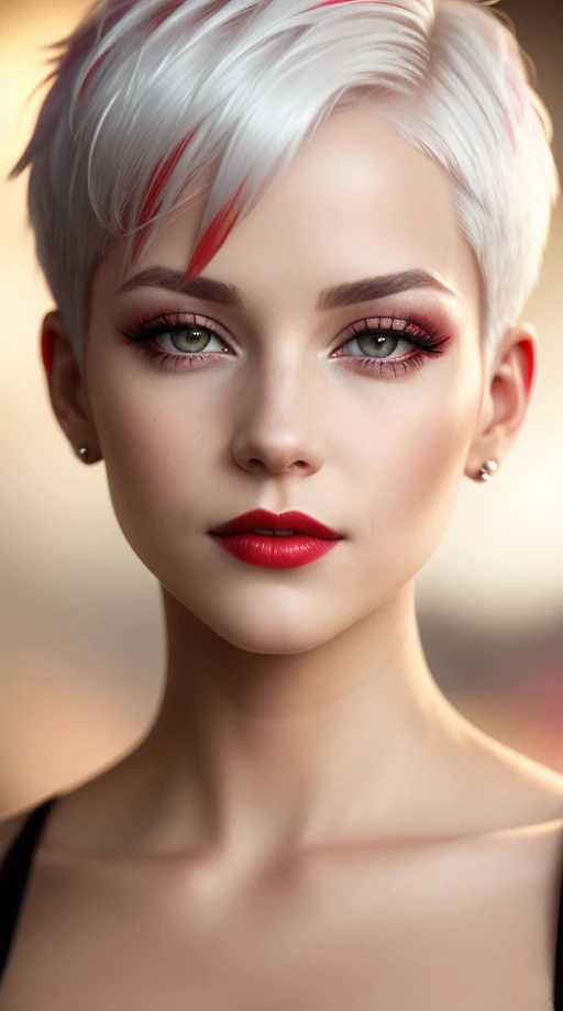 Bright red lipstick, short white hair, hazel eyes, beautiful complexion, extreme sharp focus on female subject, sks human RAW photo,