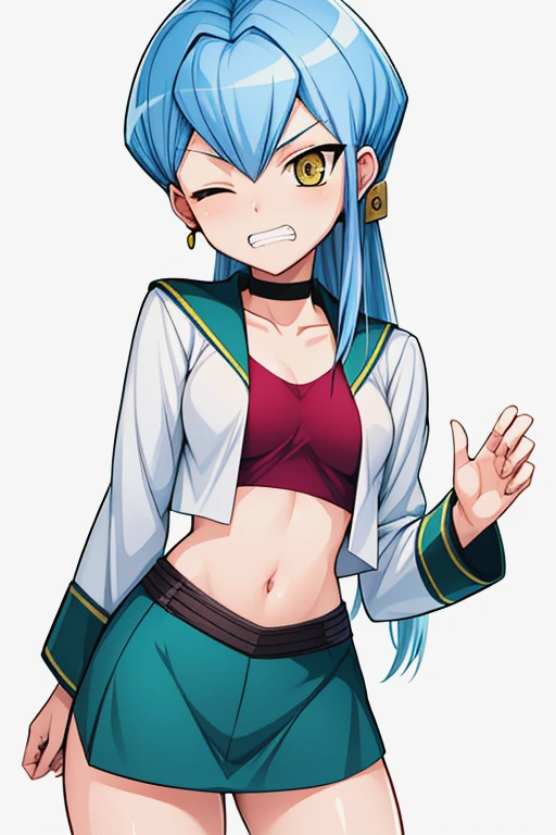 2010s (style), year 2010, anime_art_style, cartoon,masterpiece,high quality,cardfight!! vanguard, jillian chen, 1girl, solo, blue hair, long hair, midriff, yellow eyes,brown shirt, white jacket, crop top, navel,green skirt, one eye closed, white background, simple background,  earrings, jewelry, choker, clenched teeth,<lora:Jillian_Chen:0.9> <lora:add_detail:0.5> <lora:hyperdetailer_v095:0.5>