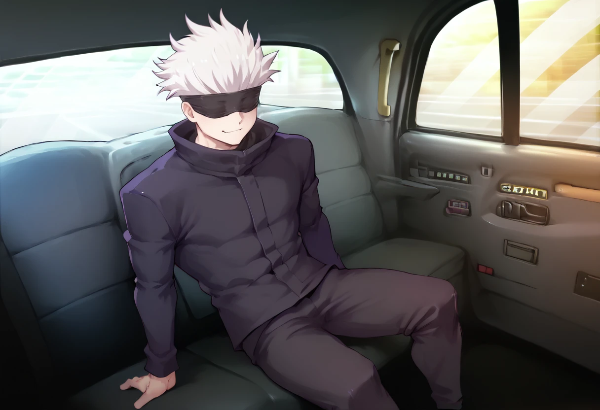 score_9, score_8_up, score_7_up, solo, male focus, 1boy, gojo satoru, smug, fake taxi, car interior, sitting, ground vehicle, white hair, black blindfold, black jacket, high collar, long sleeves, black pants <lora:jjk_gojo_ponyXL:1> <lora:FakeTaxiMeme_XLPD:1>