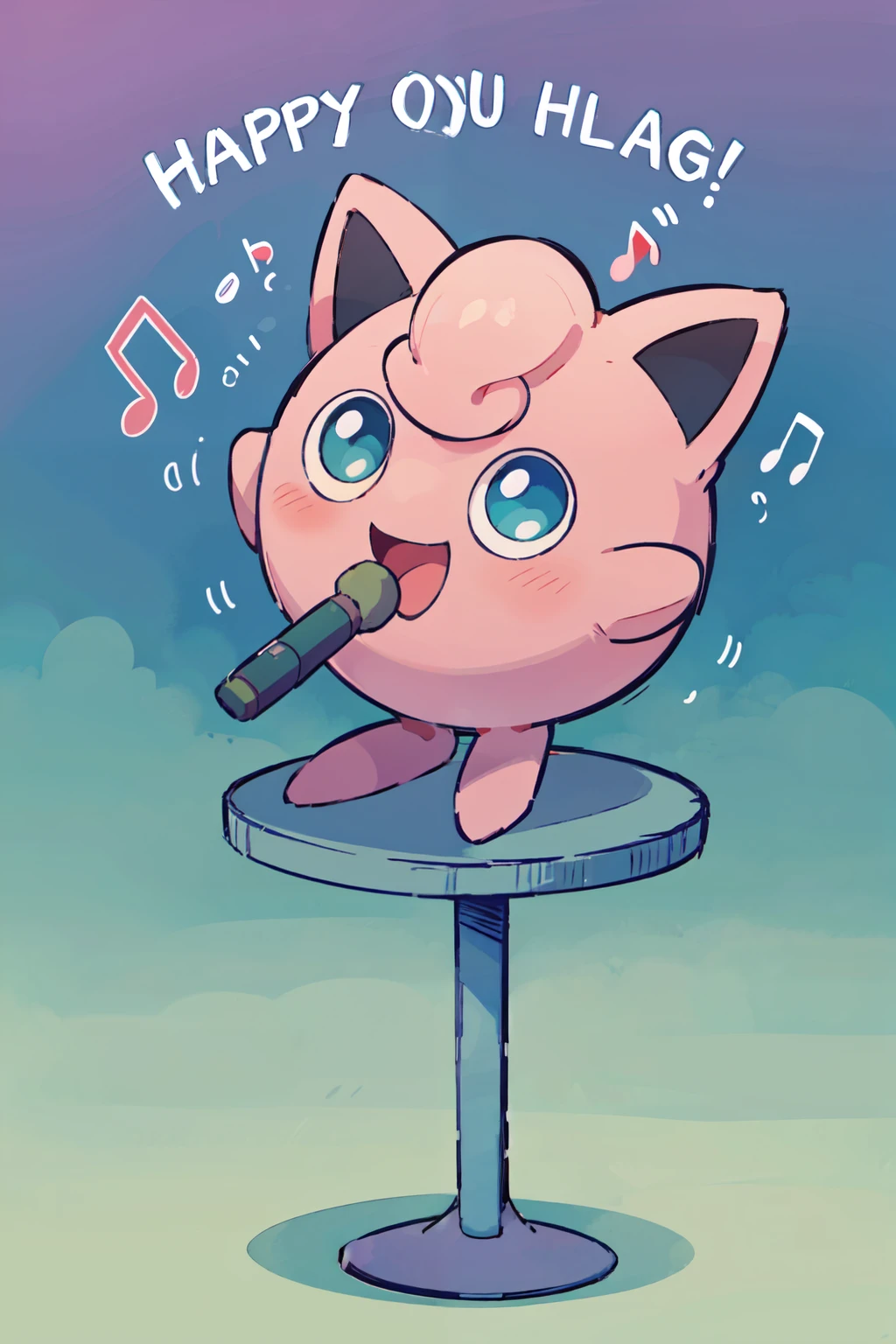 ((masterpiece,best quality)), absurdres,   <lora:Jigglypuff:0.8>,   Jigglypuff, no humans, solo,  creatures (company),  game freak, gen 1 pokemon, gradient background, happy, holding microphone,  kato-shun, looking away, looking up, microphone, music, musical note, nintendo, no humans, pink hair, pink skin, pokemon, pokemon (creature), pokemon rgby, singing, solo,