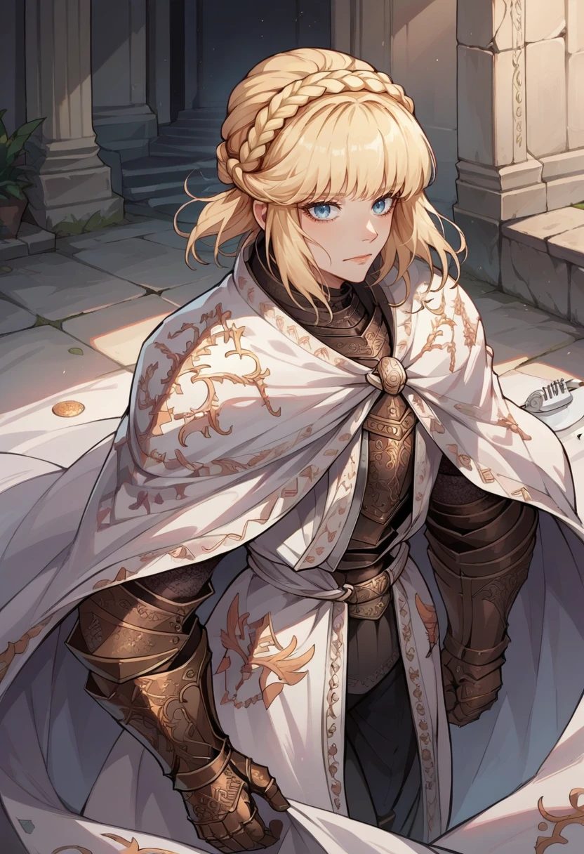 score_9, score_8_up, score_7_up, source_anime, 1girl, NeedleKnightLeda, blonde hair, plate armor, crown braid, white cape, blue eyes, breastplate, bangs, Knight, gloves, gauntlets, shoulder armor, <lora:NeedleKnightLeda_XLPD-000009:1>, black pants,