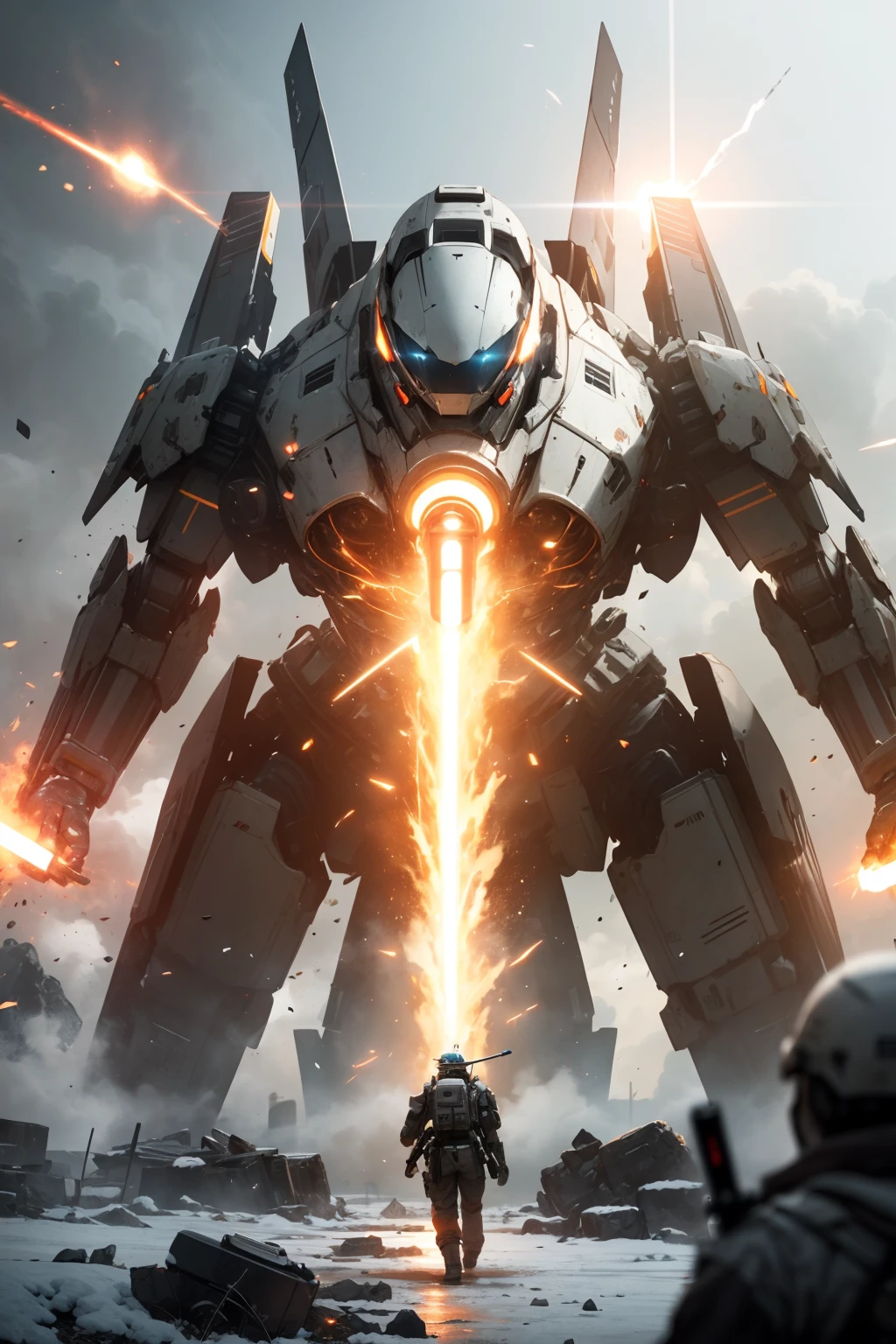 Unreal Engine,cinematic shot,best quality, masterpiece, realistic,,science_fiction,sci-fi,glowing_eyes, explosion sparks, Lens Flare,lightsaber,volume fog,mecha_robot,debris,many soldiers fight,ufo, relic,snow mountain