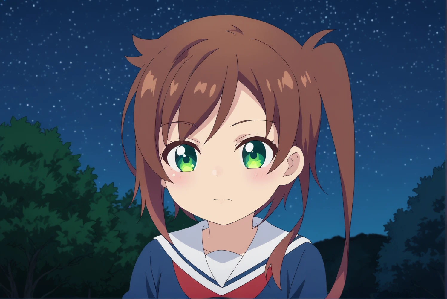 <lora:Shizuru_Chikura:0.8>, Shizuru Chikura, 1girl, brown hair, green eyes, outdoors, sky, :o, night, night sky, white sailor collar, anime coloring