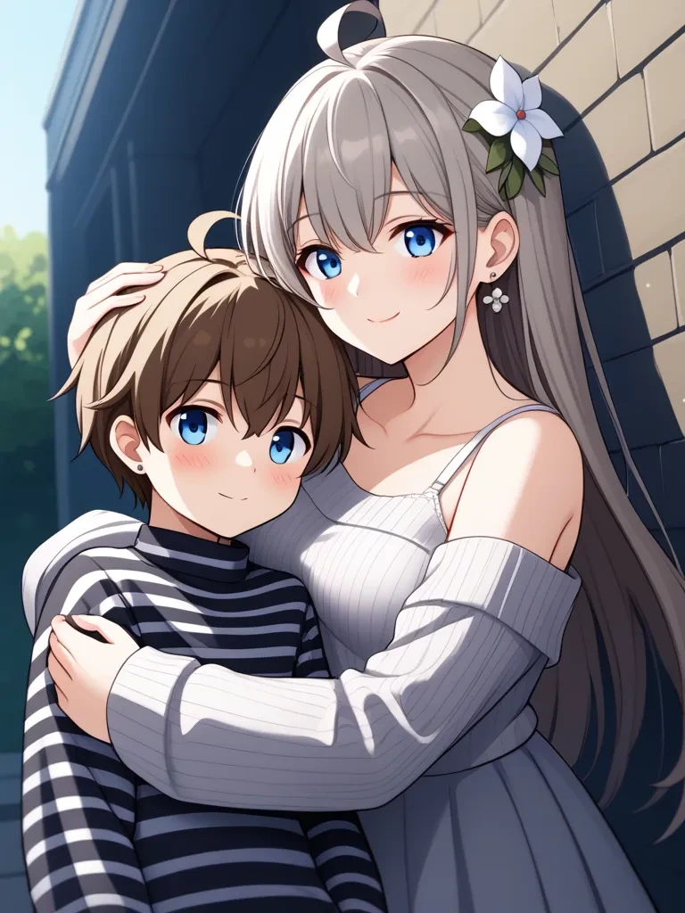 cutie girl, uncensor, canted angle,,
1girl, 1boy, blue eyes, smile, hair ornament, flower, hug, long hair, hair flower, blush, jewelry, earrings, looking at viewer, ahoge, closed mouth, off shoulder, long sleeves, bangs, striped, grey hair, bare shoulders, hand on another's head, shirt, striped shirt, hetero, brown hair, sweater, outdoors, age difference, stud earrings, upper body, skirt, white flower, bra strap,,