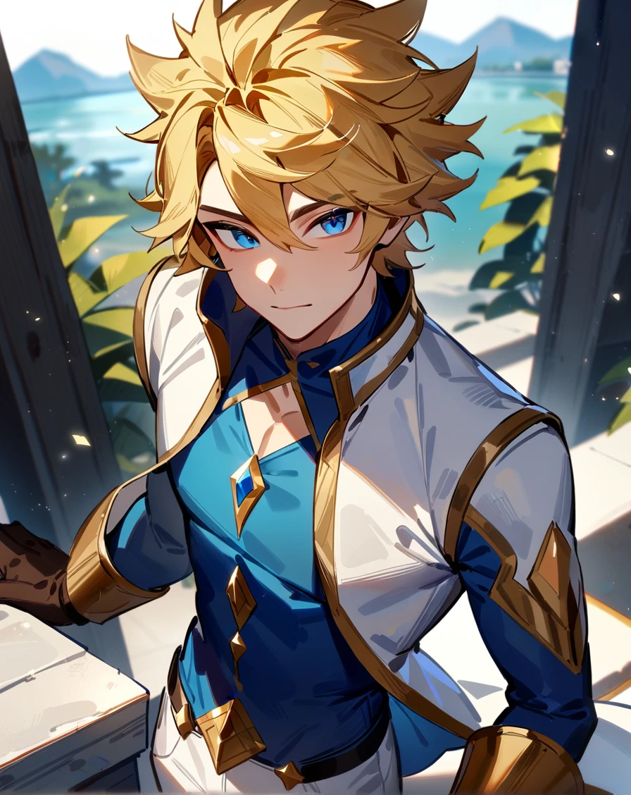 1boy, solo, male only, male focus, cowboy shot, <lora:ezreal_sdxl_lora:1>, (ezreal, blonde hair, short hair, spiked hair, blue eyes), thight clothes, pants, white jacket, blue shirt, white_pants, light_particles, gloves, outdoors, looking at viewer, masterpiece, best quality, very aesthetic, absurdres, very detailed, sensitive, <lora:Lightning-8:0.5>