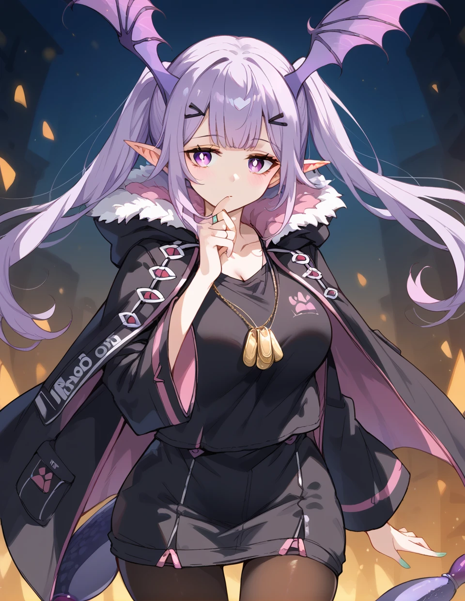 close-up,1girl,solo,<lora:manticore(arknights)_pony:1>,manticore(arknights),pointy ears,purple eyes,twintails,long hair,hair ornament,light purple hair,bat wings,head wings,scorpion tail,
pantyhose,looking at viewer,dress,long sleeves,black dress,coat,jacket,open clothes,ring,crystal,black jacket,black coat,open coat,short dress,jewelry,long coat,open jacket,dog tags,, score_9,score_8_up,score_7_up,score_6_up,score_5_up,score_4_up,