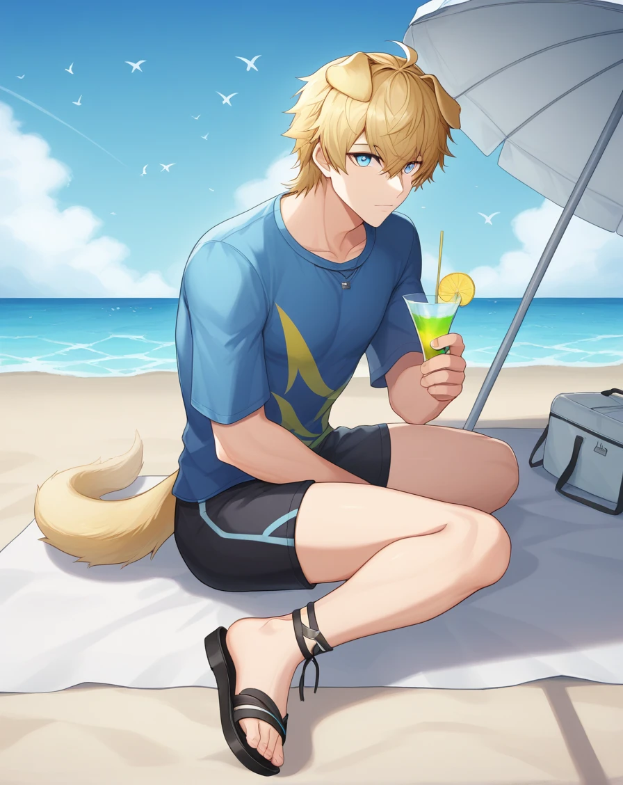 score_9, score_8_up, BREAK, <lora:Tequila_Pony__Arknights:0.8>, tequila_arknights, 1boy, solo, male focus, full body, looking at viewer, shorts, blue shirt, sandals, beach, ocean, sand, blue sky, cloud, bird,  beach umbrella, under umbrella, cocktail umbrella,