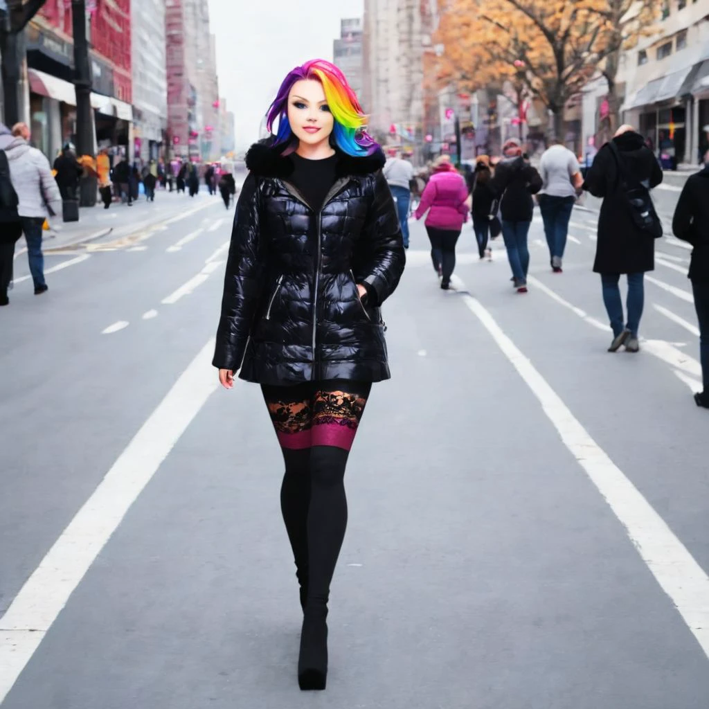 score_9, score_8_up, score_7_up, full body 1girl, rainbow hair, wearing a black short pr1nc0at, outdoors, walking in NYC, lace leggings