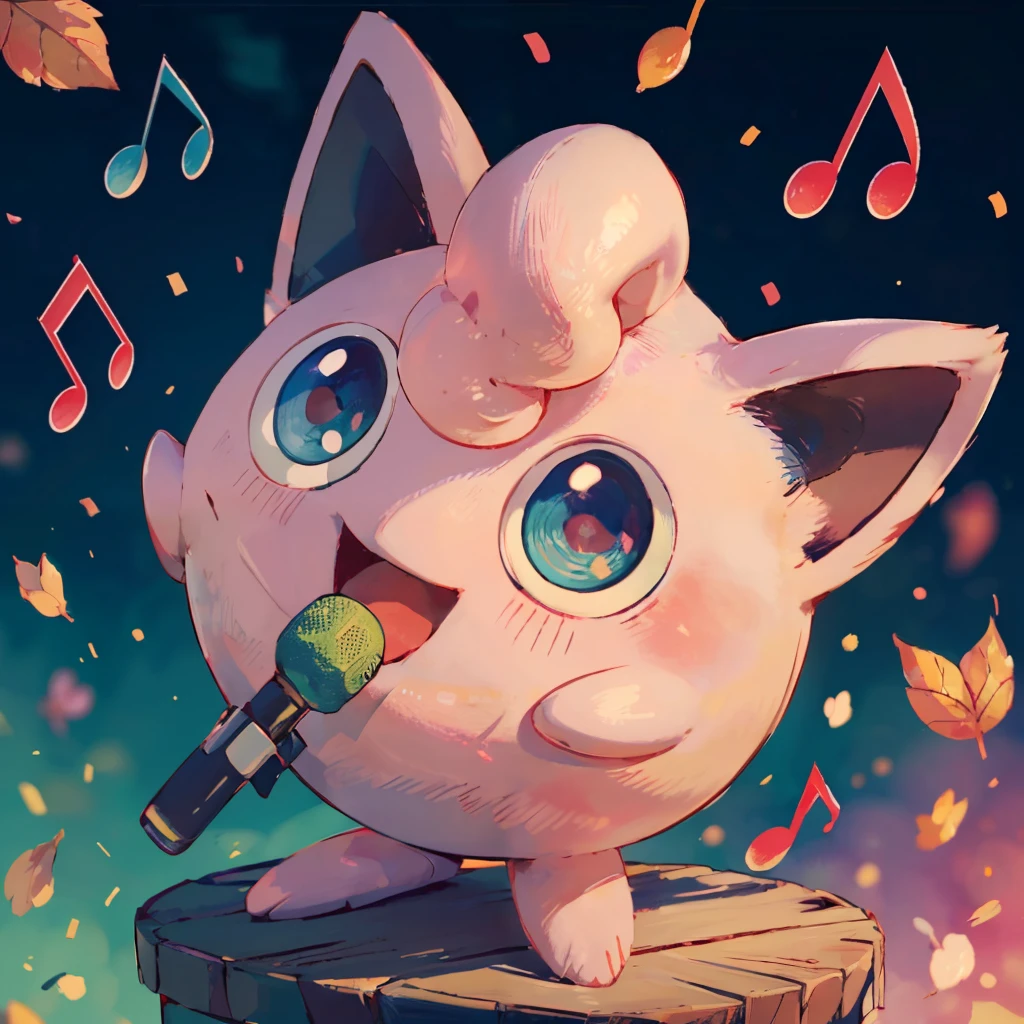 (ultra realistic,32k, masterpiece:1.2),(high detailed eyes:1.1),( high quality:1.1), <lora:Jigglypuff:0.8>,   Jigglypuff, no humans, solo,  creatures (company),  game freak, gen 1 pokemon, gradient background, happy, holding microphone,  kato-shun, looking away, looking up, microphone, music, musical note, nintendo, no humans, pink hair, pink skin, pokemon, pokemon (creature), pokemon rgby, singing, solo,,  BREAK,  blooming stars, luminescent petals, otherworldly fragrance blurry background,