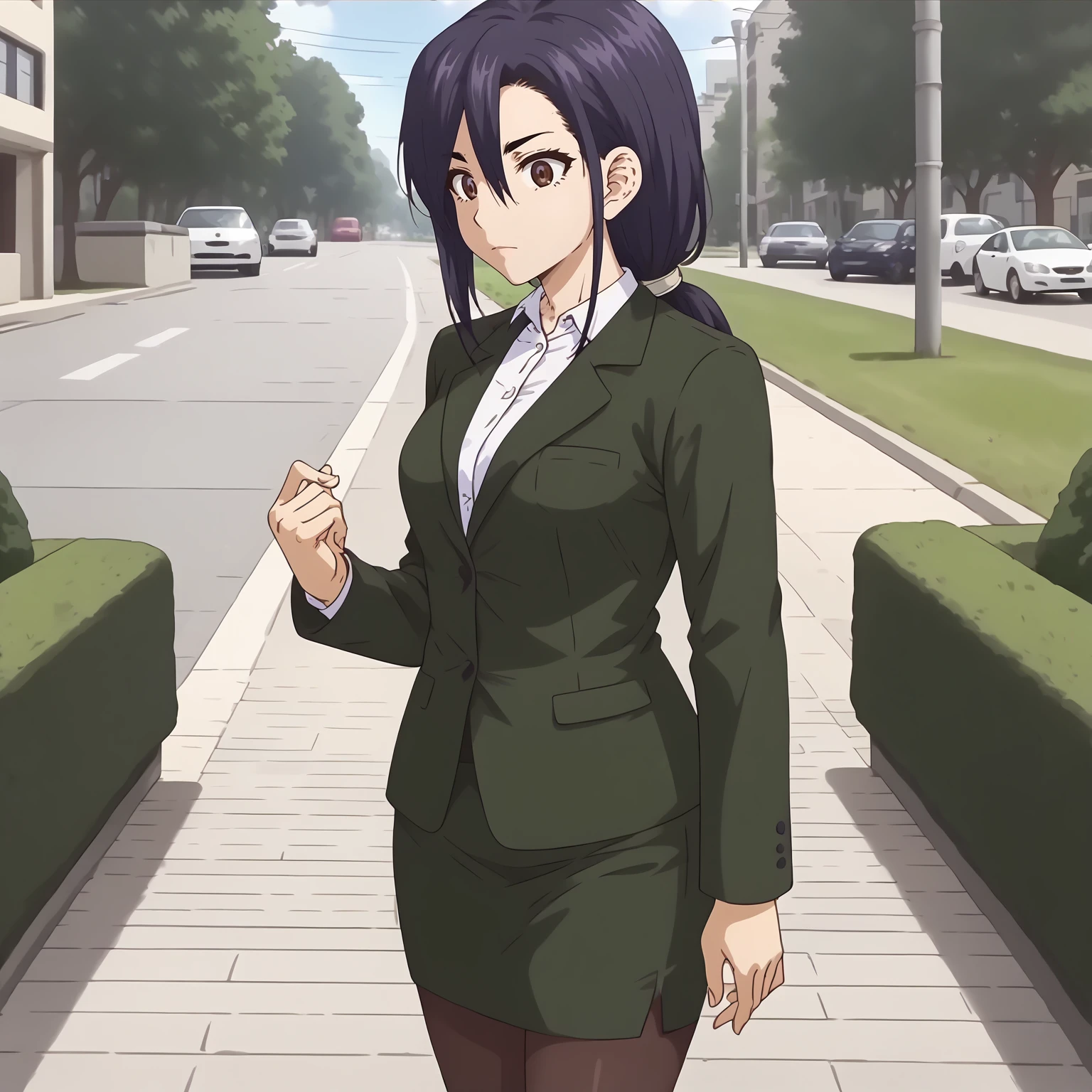 <lora:RingoMashiroXLpony001>,
solo,
RingoMashiro,1girl,purple black hair,long hair,low ponytail,brown,
business_suit,green jacket,white shirt,
green skirt,
black_pantyhose,
outdoors,
standing,