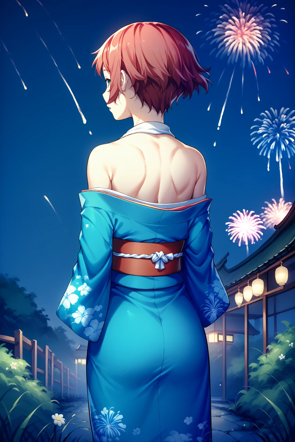 score_9, score_8_up, <lora:NSRinKatawa:1> NSRinKatawa, amputee, red hair, short hair, amputee, from behind, kimono, bare shoulders, fireworks