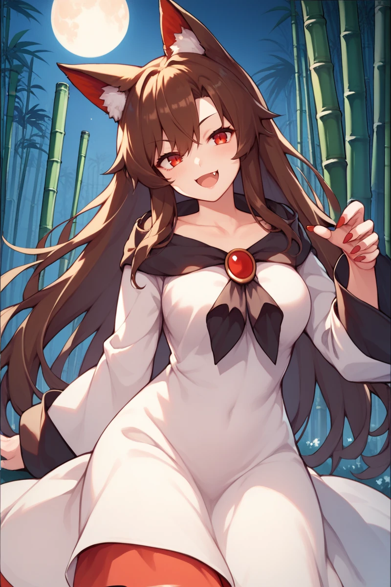 score_9, score_8_up, score_8, score_9, 1 girl,  source_anime, <lora:kagerou_pony-10:1> brown hair, long hair, wolf ears, animal ears, dress, white dress, fang,  red eyes, imaizumi kagerou, bamboo forest, bamboo, full moon, night, smug, red nails, claws