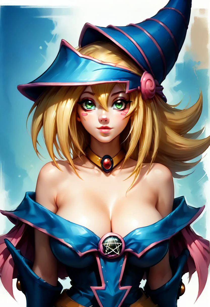 Faded Headshot, faded bottom, faded edges ,score_9,score_8_up,score_7_up,score_6_up,score_5_up,
1girl, dark magician girl(/Yu-Gi-Oh!)/,(ultra HD quality details), pale skin, blonde hair, green eyes, long hair,
hat, wizard hat, bare shoulders, off shoulder, collarbone, cleavage, blue footwear, pentacle, choker,
, digital illustration, disney, rule 63, full body, perfect anatomy, perfect face, butt showing esthetically, abstract beauty, beautiful, centered, looking at the camera, approaching perfection, dynamic, moonlight, highly detailed, watercolor painting, artstation, concept art, smooth, sharp focus, illustration, 
(upper body:1.2), (close up:1.5), portrait, huge breasts, deep cleavage, close up, upper body,