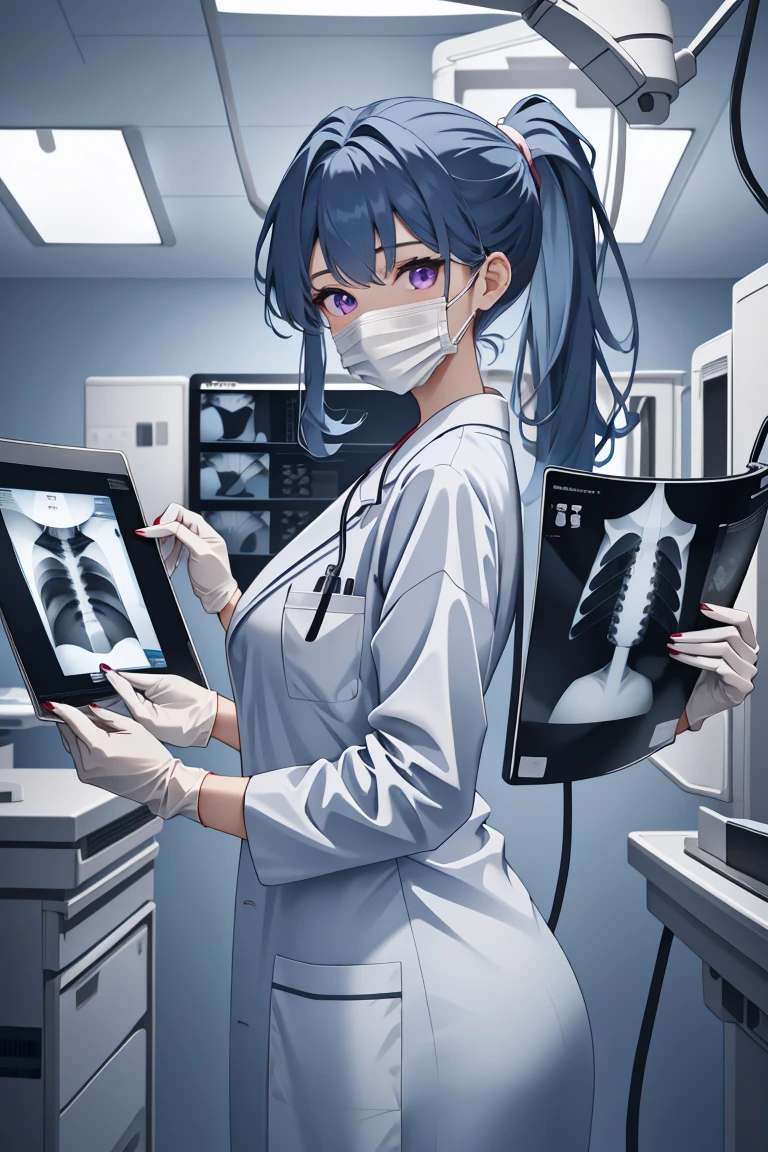 (RAW photo, best quality,facing the viewer,from front), operating room, overhead surgical light,blurred background, focused, dithering,backlighting,
 <lora:CM_Doctor_Checking_Xray_V2.0-000004:0.9> doctor xray, 1girl, solo, surgical mask, doctor, looking at viewer, labcoat,xray,
 <lora:Valerie Kato:0.7> valerie kato, ocg:0002, 1girl, blue hair, bangs, purple eyes, nail polish, red nails, folded ponytail, large breasts,