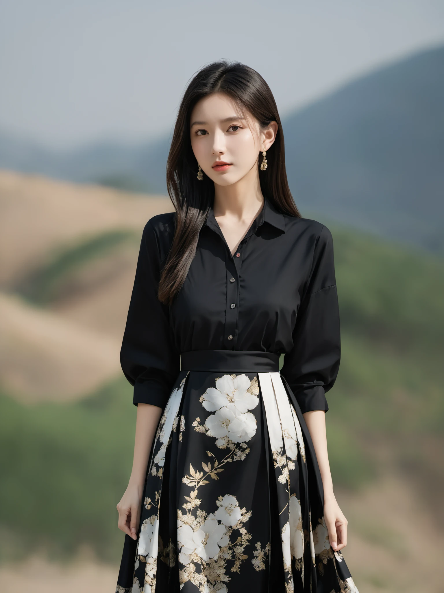 Realistic,Masterpiece,18 - year - old , Super High Resolution, (reality: 1.4) , 1girl, full body shot, Half skirt, shirt, black color, outdoor, realistic,hands,realistic,depth of field,  wearing majien long dress,<lora:Jay-MajienXL:0.9> ,patterned printed dress,, (best quality:1.3)