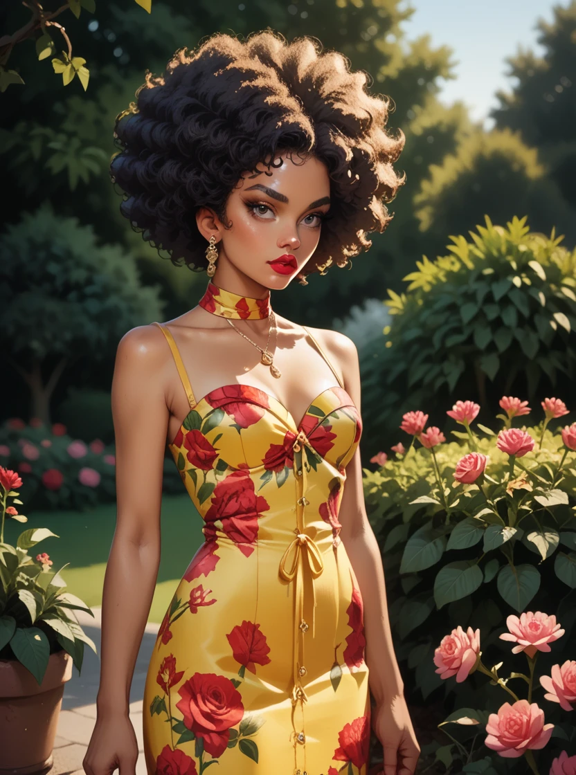 score_9, score_8_up, score_7_up, score_6_up, 1girl, white Curly Afro with Tapered Sides hair, makeup, lipstick, hud_dk_4, long yellow dress, floral print, sleeveless, <lora:dollskillpny-10:0.7>, garden