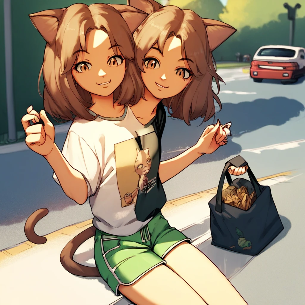 score_9, score_8_up, score_7_up, score_6_up, score_5_up, source_anime, two heads, conjoined, 1girl, cat ears, smile, shirt, shorts, parking lot