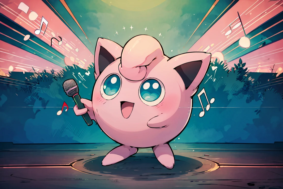 ((masterpiece,best quality)), absurdres, <lora:Jigglypuff:0.8>, Jigglypuff, no humans, solo, 
creatures (company),  game freak, gen 1 pokemon, gradient background, happy, holding microphone,  kato-shun, looking away, looking up, microphone, music, musical note, nintendo, no humans, pink hair, pink skin, pokemon, pokemon (creature), pokemon rgby, singing, solo,