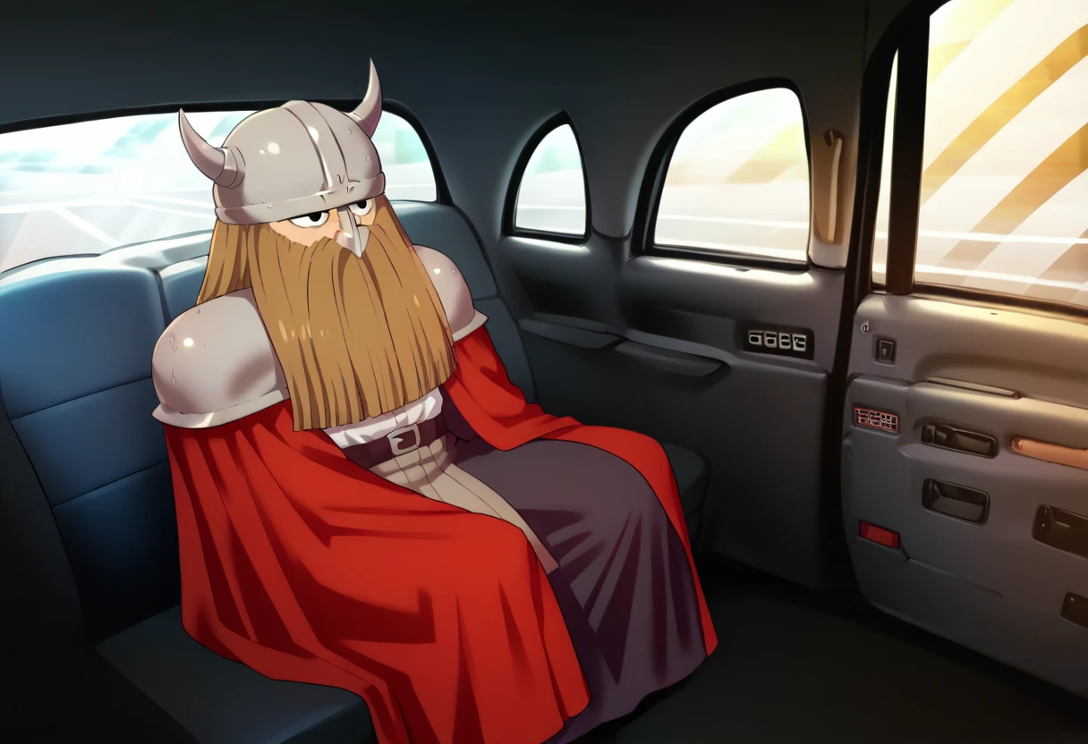 score_9, score_8_up, source_anime, 1boy, solo, EisenFrieren, dwarf, long hair, long beard, horned helmet, shoulder armor, red cape, fake taxi, car interior, sitting, ground vehicle, <lora:ChamEisenPonyXL:1> <lora:FakeTaxiMeme_XLPD:1>